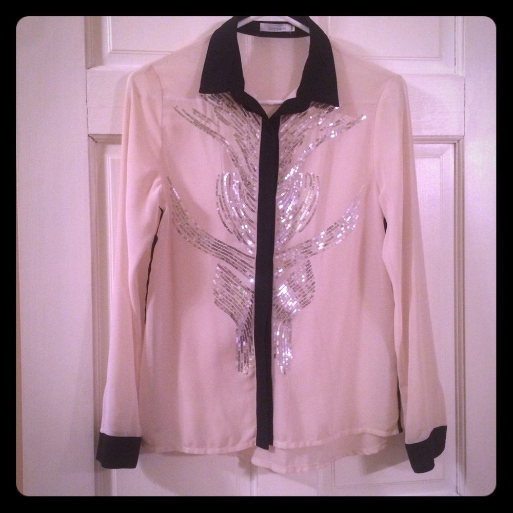 Sequined sheer cream tuxedo blouse S/38